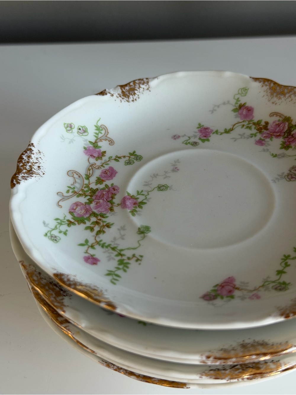 Delicate Pink Rose Porcelain Tea Cup Plates with Gold Trim- WARWICK SET OF 6